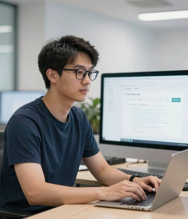 a white robot with blue eyes and a laptop