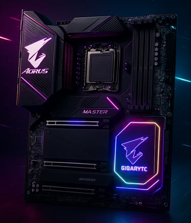 Gigabyte B650E Aorus Master motherboard with black PCB, RGB-lit AORUS logo