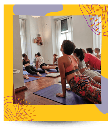 Yoga class in a Lisbon yoga studio.