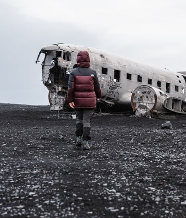 a person standing in front of a plane that has been destroyed