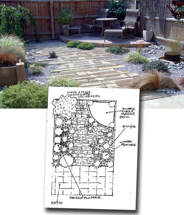 Small drift wood beach garden, cobblestone raised corner patio, imitation wooden sleepers. Romford