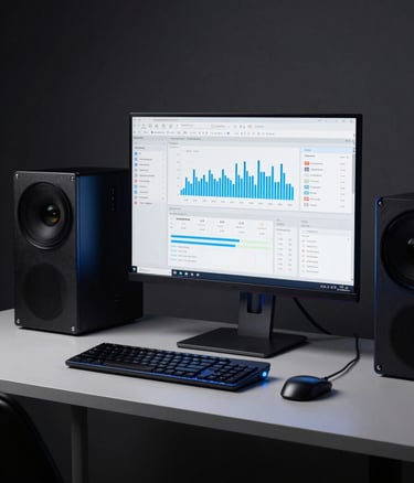 A clean, high-end professional workspace featuring a minimalist desk with a large computer monitor displaying data analytics. The lighting is low and cinematic, with soft royal blue glows hitting the edges of the tech equipment. The background is a dark, sophisticated studio environment, strictly no people.