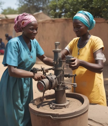A room filled with several people, with a focus on a woman and child seated on blue chairs. The woman, wearing a red outfit, watches as the child receives a check-up from a person with long hair, possibly a healthcare worker, who holds medical equipment. In the background, more individuals, some with medical masks, are engaged in activities, likely related to health services. Posters and a blue banner adorn the walls, and sunlight streams through barred windows.