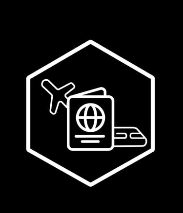 White line icon of a passport, airplane, and train inside a hexagon for travel and transportation services.