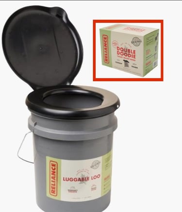 Two pictures combined: Luggable Loo bucket camping toilet and a box of waste disposal bags.