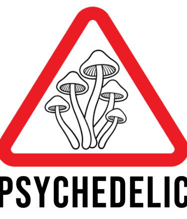 A red and white triangular warning sign featuring an illustration of a cluster of mushrooms.