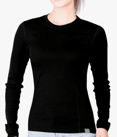 a woman in a black shirt and jeans