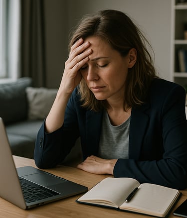 "Dansk kvinde i mental overbelastning – et stille øjeblik af udmattelse i hverdagen."