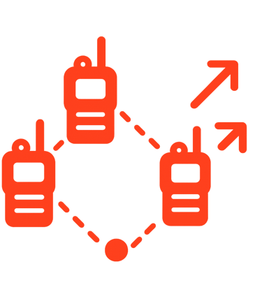 Icono de radios conectados con flechas de crecimiento, indicando que la red MESH puede ampliarse seg