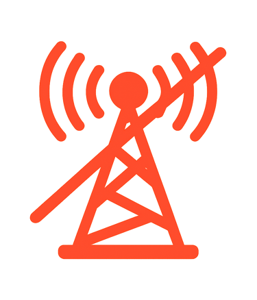 Icono de antena de señal con línea transversal, representando ausencia de torres o infraestructura t