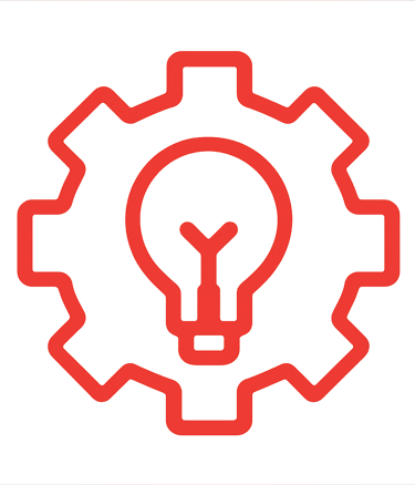 Icono de engrane con bombilla en el centro, representando configuración técnica flexible y alimenta