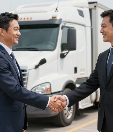 A friendly truck driver shaking hands with a Landgo Xpress representative beside a big rig.