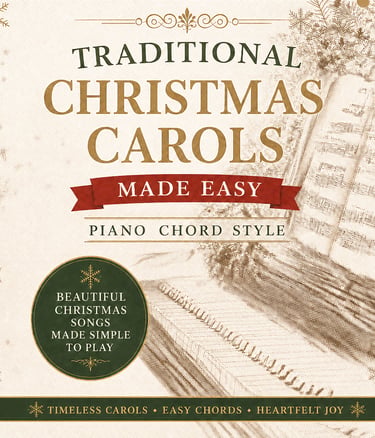 Traditional Christmas Carols Made Easy Piano Chord Style music book cover with snowflake details.