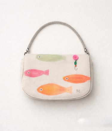 Cream canvas handbag with colorful painted fish and a metallic silver top handle.
