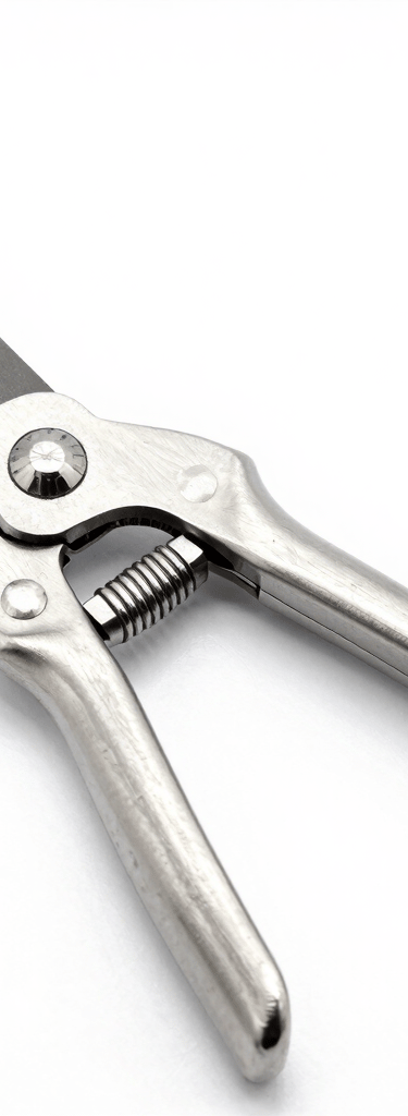 Close-up of a sharp pruning shear resting on freshly cut branches with green leaves.