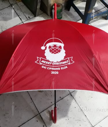 Payung promosi polos tongkat merah silver GKI detail