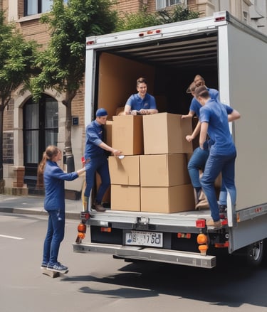 a group of people moving boxes in a moving truck