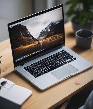A man in a green shirt points at a board with various printed designs, possibly displaying water bottle mockups. Computer monitors with spreadsheet and email applications appear in the foreground, suggesting an office or design studio setting.