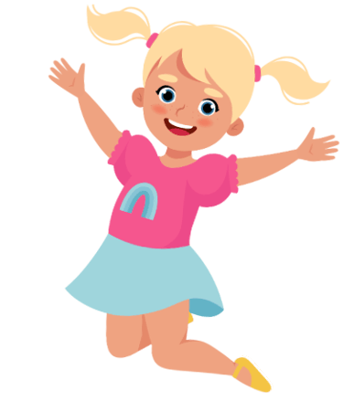 Colorful, smiling cartoon girl jumping and celebrating