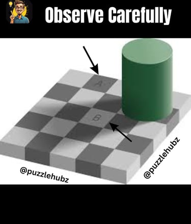 Adelson checker-shadow color illusion showing a checkerboard pattern with a green cylinder casting a