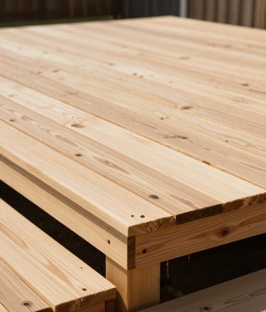 A pristine newly built cedar deck standing in bright, direct Texas daylight, showcasing clean lines and natural wood grain curing before sealant application.