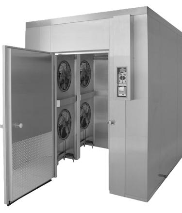 Industrial stainless steel walk-in blast chiller with open door and powerful cooling fans.