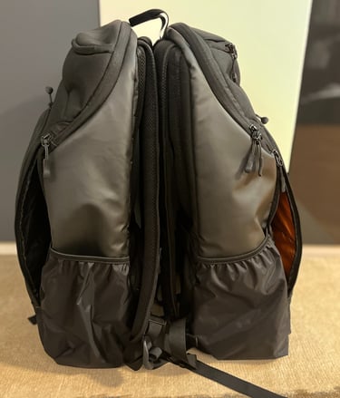 Side view of faraday black bag backpack