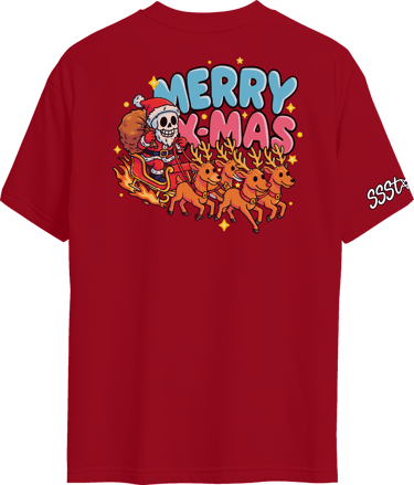 T shirt of santa skeleton on raindeer wishing everyone a x mas starsticker