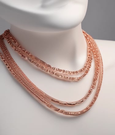 Minimalist display of a gold necklace on a white marble surface with subtle shadows.