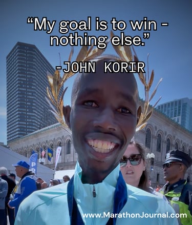 John Korir smiling after a victory, wearing a laurel wreath and medal, with the text "My goal is to win - nothing else."