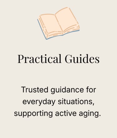 Open book icon above text describing practical guides for active aging and everyday guidance