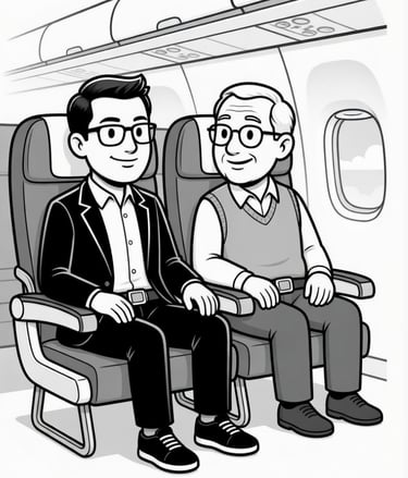 two males catrtoon seating on plane seats 