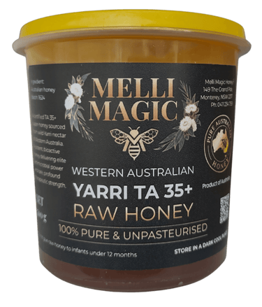 A jar of Melli Magic Western Australian Yarri TA 35+ Raw Honey, 100% pure and unpasteurised.