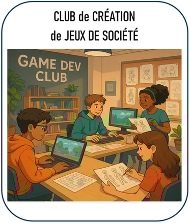 image illustrant un club de création de jeux : des jeunes réunis autour de tables concevant des jeux