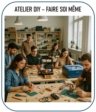 photo illustrant un atelier DIY avec des machines numériques et des activités manuelles : jeunes ou 