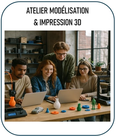 Photo illustrant un atelier de modélisation et d’impression 3D : des jeunes réunis autour de tables 