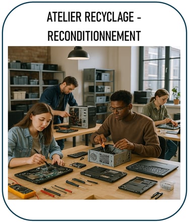 Photo illustrant un atelier de reconditionnement d’ordinateurs : jeunes ou adultes autour de tables,