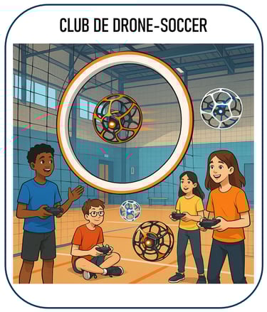 Image illustrant un club de drone soccer : des jeunes réunis dans un gymnase ou une grande salle, pi