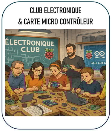 llustration représentant un club autour de l’électronique et des cartes Raspberry Pi, Arduino, Galax