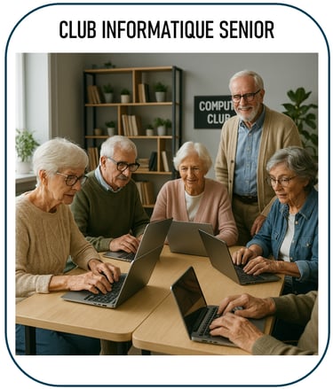 photo illustrant un club informatique pour seniors : des personnes âgées réunies autour de tables av