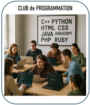 photo illustrant un club de programmation : des jeunes ou adultes autour de tables, travaillant sur 