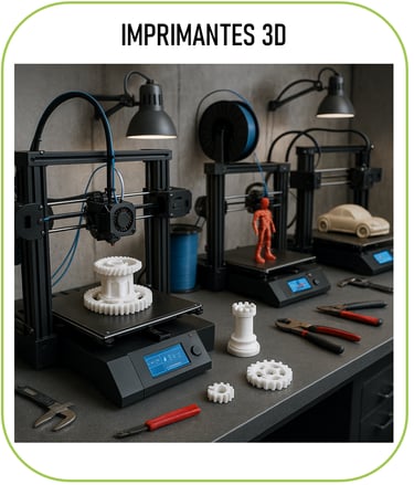 image représentant des imprimantes 3D avec quelques objets crées.