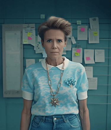 Femme déterminée en polo bleu, collier doré, posant devant un mur d’organisation stratégique.