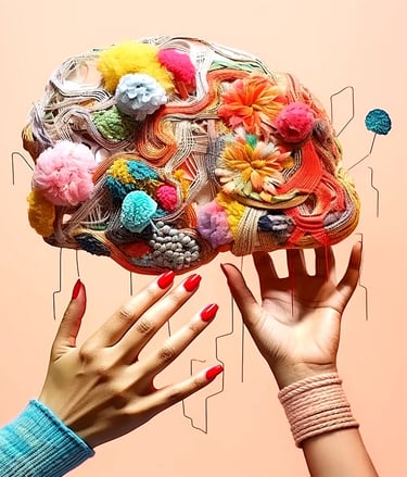 Cerveau tissé en fils colorés et pompons, tenu par deux mains aux ongles rouges, fond pastel.