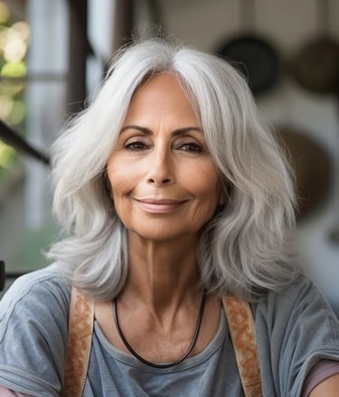 Femme aux cheveux argentés, regard confiant, portant un tablier, fond d’atelier rustique.