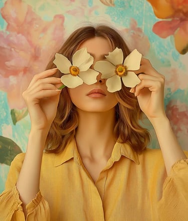 Femme en chemise jaune tenant deux fleurs devant ses yeux, fond floral peint en pastel.