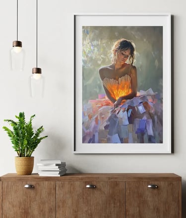 Tableau d’une femme en robe de papier, tenant une lumière dorée, exposé dans un intérieur moderne.