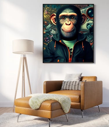 Tableau d’un singe vêtu d’un blouson, fond urbain coloré, exposé dans un intérieur moderne.