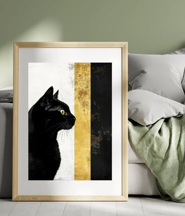 Tableau d’un chat noir au regard doré, fond géométrique noir, blanc et or, posé contre un lit.
