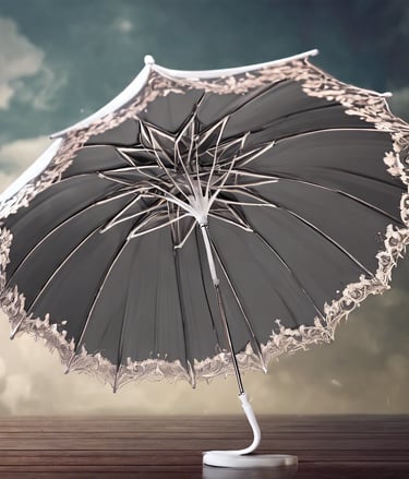 a black and white umbrella with a white lace trim